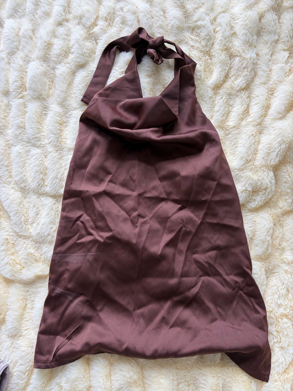 Brown silk cowl neck open back tank